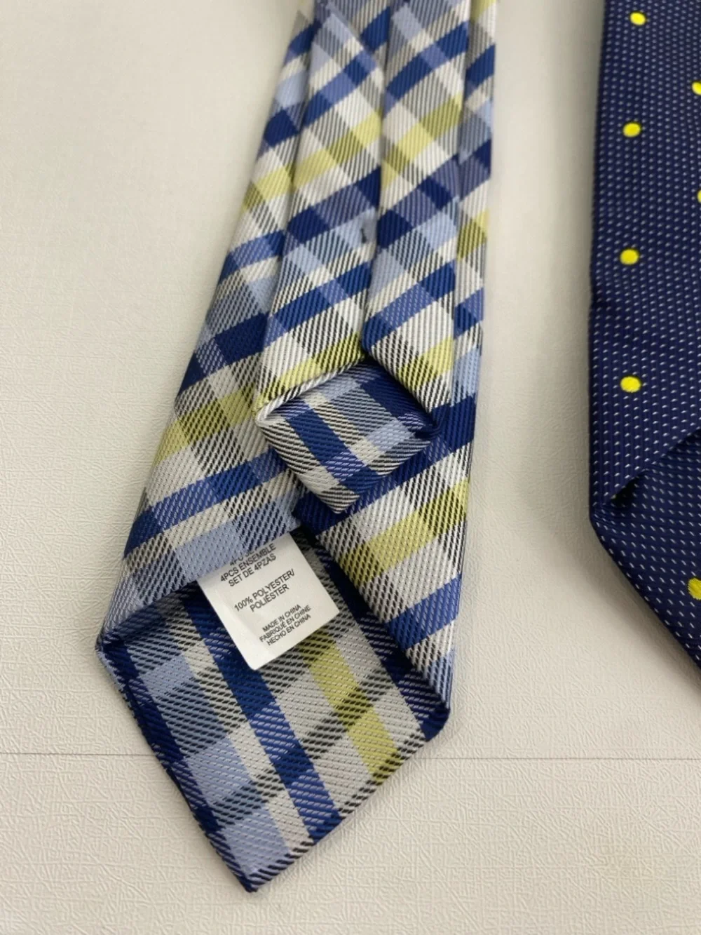 Boys Navy Blue Yellow Clip-on Necktie Lot of 2 Kids Accessories Plaid Polka Dots